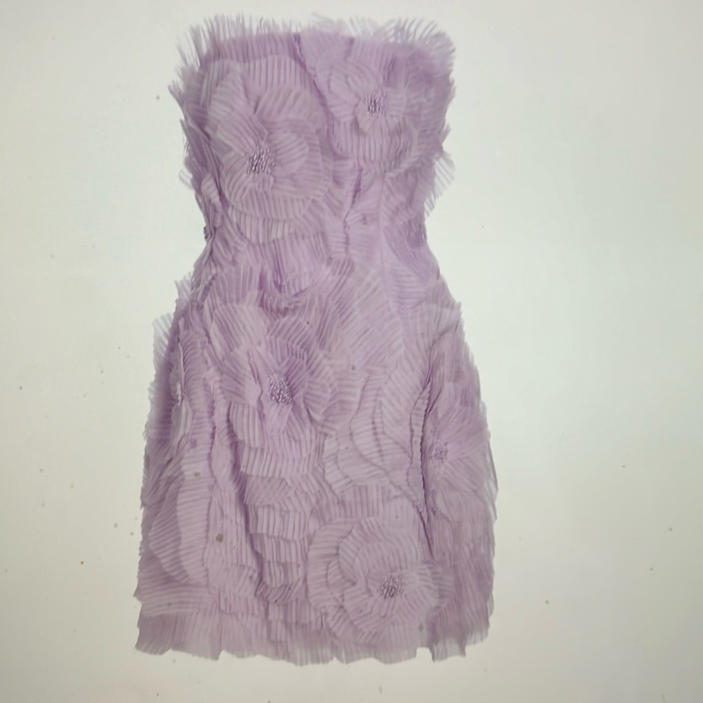 Strapless
Sleeveless
Open back
Concealed back zip closure
100% silk